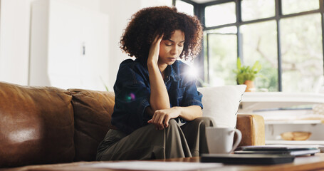 Home, stress and woman with headache, thinking and freelancer with financial pressure or...