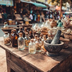 Fototapeta premium Traditional Herbal Medicine Bottles and Jars on Rustic Table