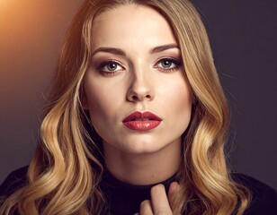 Fototapeta premium A close up of a woman with long wavy blonde hair, and red lipstick