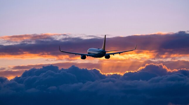 Spectacular Airplane Flying Above Clouds at Sunset with Golden Sunlight Breaking Through