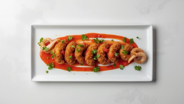 Battered and fried baby squid, rings and tentacles, served with cilantro and tomato sauce on a white plate on a white concrete table, viewed from above, flat lay, ample empty space