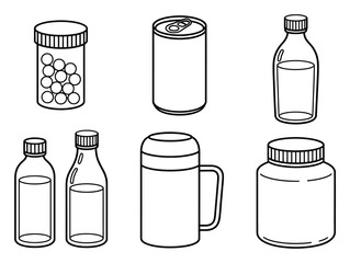 Drink Containers Collection Black Outline Vector Illustration