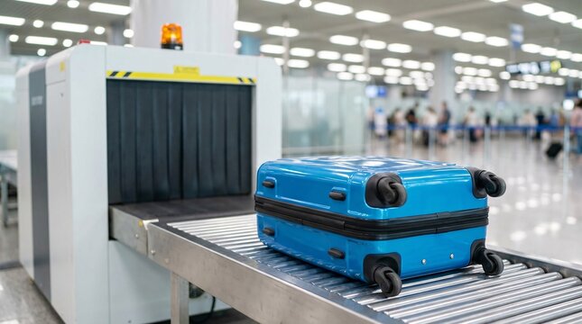 Airport security scanner X-ray machine conveyor belt with luggage ready for inspection