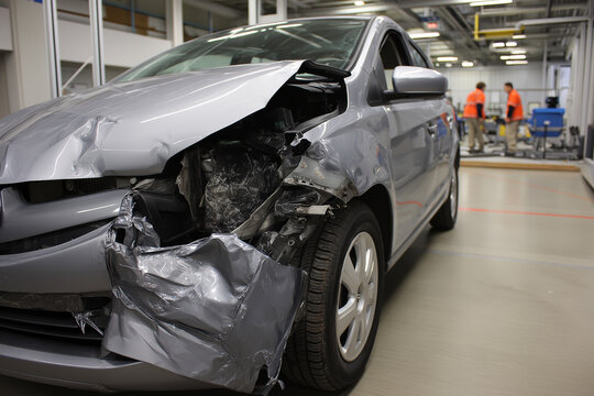 Severely damaged gray car in a mechanics garage, perfect for automotive repair or insurance related designs, depicting a wrecked vehicle.