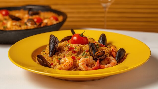 Seafood risotto, known as risotto alla pescatora, is a traditional Italian meal featuring rice served on a yellow plate with mussels, shrimp, cuttlefish, and tomatoes