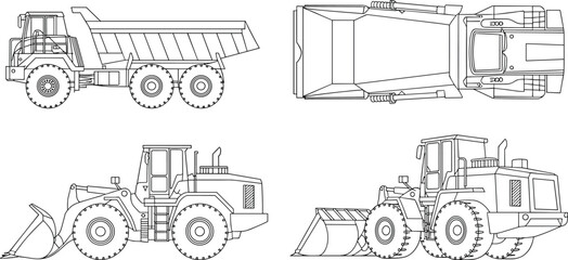 Technical line drawing blueprint of heavy duty mining dump truck and wheel loader machinery showing multiple orthographic views side front top rear for engineering construction industry illustrations. © Golapi Expressive