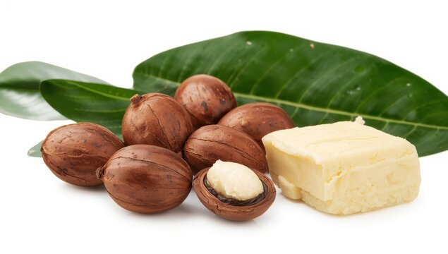 Shea nuts accompanied by leaves and shea butter