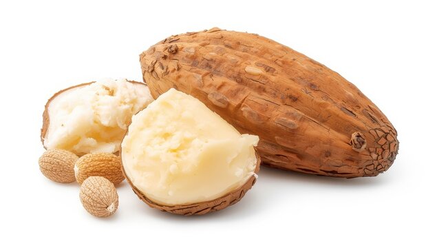 Shea butter from the Vitellaria paradoxa tree on a white backdrop