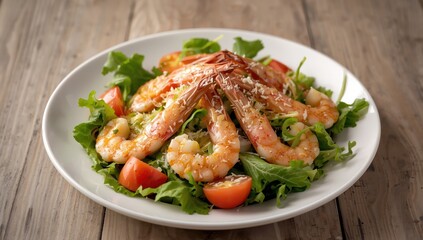 Fototapeta premium Shrimp and mixed greens salad on wood table; Caesar with shrimp