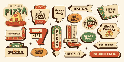 Retro pizza sticker roadsign set with fast food, signs, arrows and badges. Italian street food elements for menus, branding, posters. Vector illustration in vintage mid century 50s style © Dukhanina Ekaterina