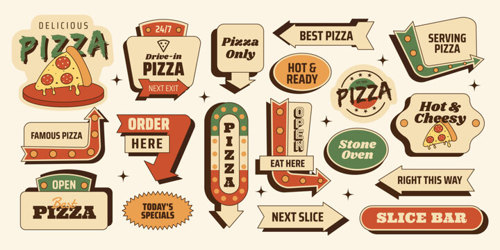Retro pizza sticker roadsign set with fast food, signs, arrows and badges. Italian street food elements for menus, branding, posters. Vector illustration in vintage mid century 50s style