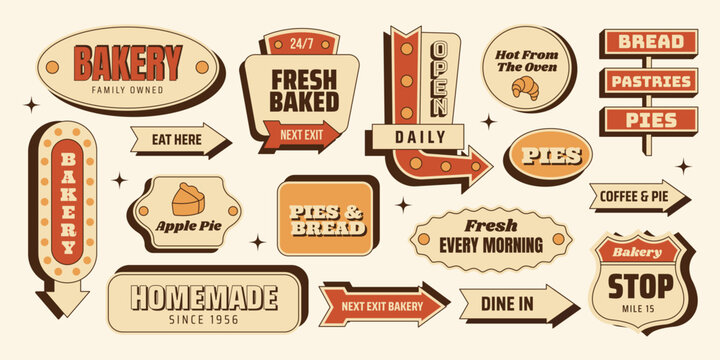 Retro bakery sticker roadsign set with signs, arrows and badges. Classic pastry elements for menus, branding, posters. Vector illustration in vintage mid century 50s style