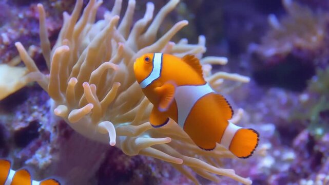 Clown fish swimming in anemone on coral reef in aquarium