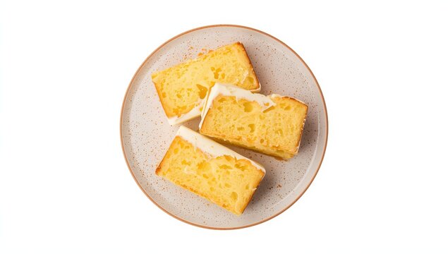 Slices of butter cake on a ceramic plate against a white backdrop. Aerial perspective