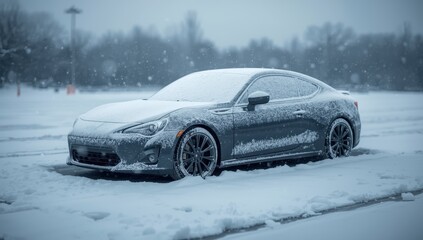 Snow blankets the car in the parking area
