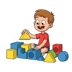 Naklejka premium Happy Child Playing with Colorful Building Blocks in a Playroom