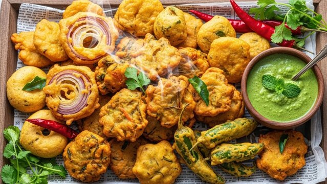 Assortment of Indian Pakora Snacks with Green Chutney and Chili Peppers.