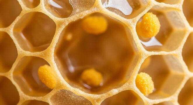 Extreme macro of fresh honeycomb cell walls thin wax translucent with pollen grains, golden geometric