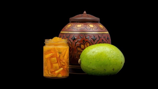 Spicy Indian mango pickle in a ceramic jar, focused on raw mango, set against a black background