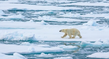 Naklejka premium Majestic polar bear gracefully travels across expansive glacial ice floes in stunning Arctic wilderness, symbolizing climate change