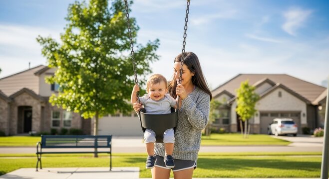 Joyful young mother helps her smiling baby enjoy a swing ride in a sunny suburban park