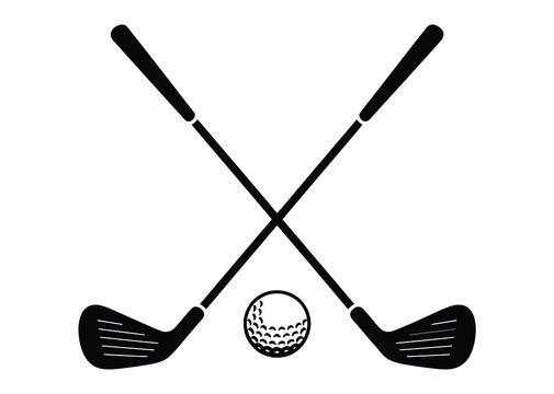 Crossed golf clubs and a golf ball in bold silhouette, minimal golf sport icon symbol with club sticks and ball