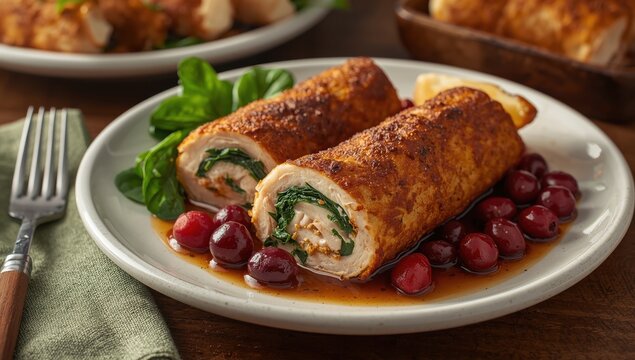Spinach and cranberry stuffed fried turkey or sausage rolls
