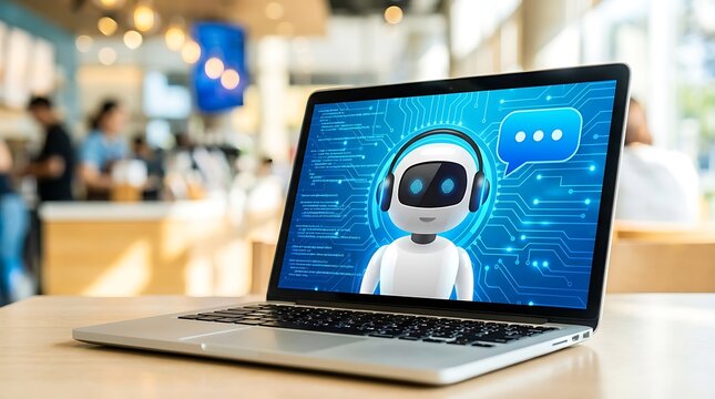 AI Chatbot Assistant on Laptop Screen for Customer Support and Virtual Help Desk Concept 