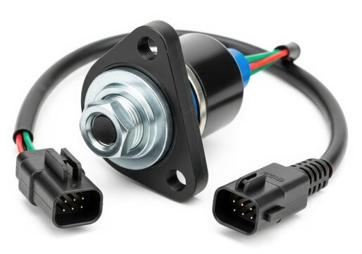 Close-up view of a car's starter motor solenoid with connected wires and connectors isolated on white background