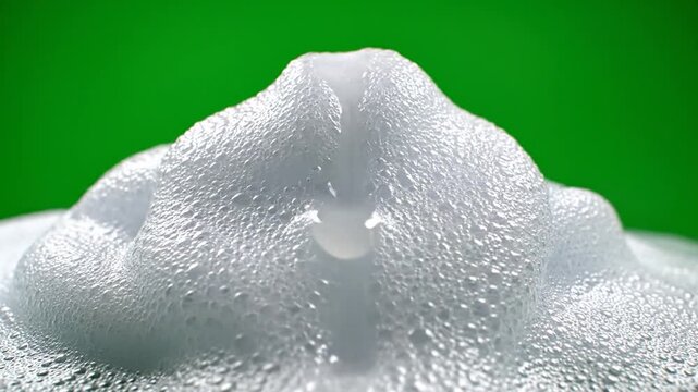 Thick white foam with numerous bubbles rising against a vibrant green