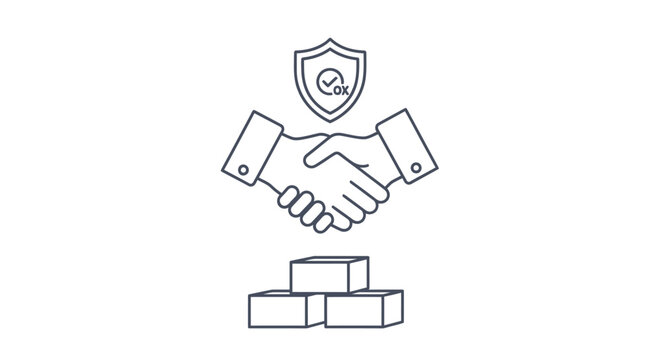 Handshake icon resting above stacked blocks with a shield graphic overhead represents the foundational agreement and security underpinning a successful partnership.