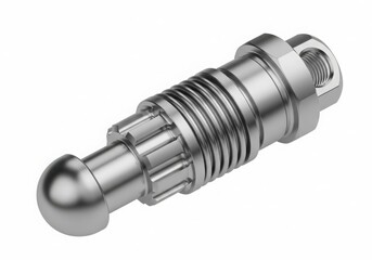 A close-up view of a metallic ball joint with a threaded end and a hexagonal nut. isolated on white background