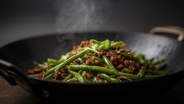 Stir-fried green beans with minced beef, known as Tumis buncis daging sapi cincang in Indonesia, with a selective focus