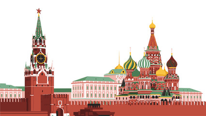 Illustration of the Kremlin in Moscow with colorful onion domes and a red brick wall on a white background.