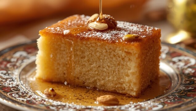 Sweet semolina cake with syrup, traditional Turkish and Greek dessert, also known as revane, namoora, or basbousa, enjoyed during Ramadan celebrations