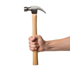 A person firmly gripping a hammer with a wooden handle and a metal head. isolated on white background