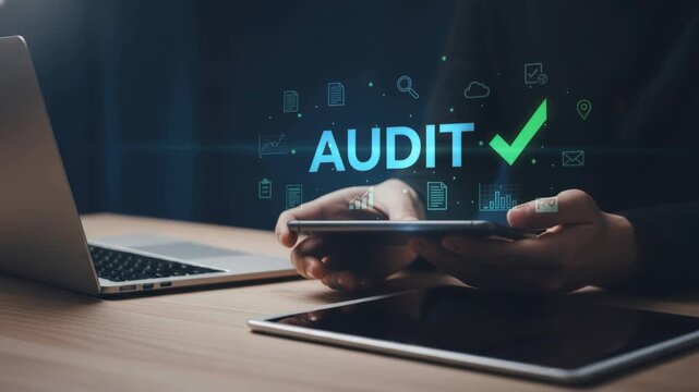 Business professional using a smartphone with a futuristic hologram interface to manage financial auditing, company evaluation, and internal control processes for improved performance