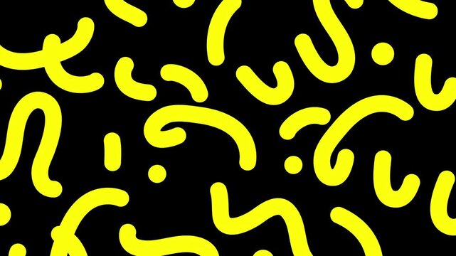 Animated bright yellow abstract squiggles and dots against a bold black background