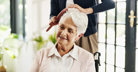 Old woman, nurse and hairbrush with wheelchair for grooming, helping hand and smile in retirement...