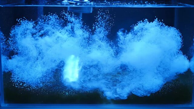 Phosphorescent algae colony glowing with blue light in a tank