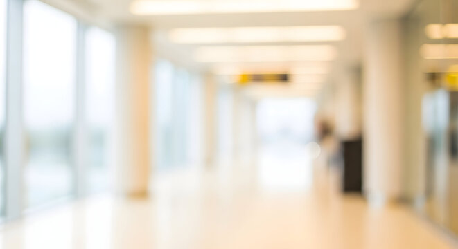 Blurred office corridor with modern architecture in soft natural lighting for corporate background