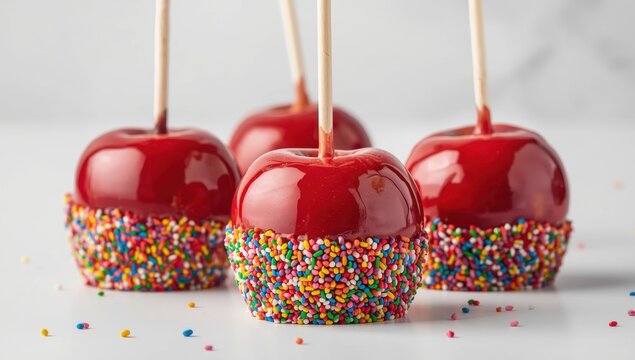 Tasty red caramel apples adorned with vibrant sprinkles