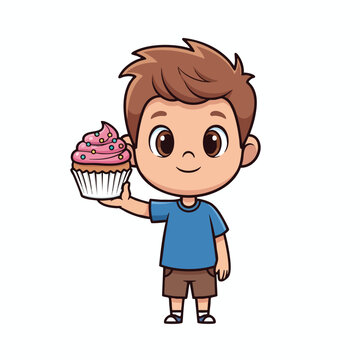 Cute Cartoon Boy Holding a Delicious Cupcake Kids Food and Dessert Illustration