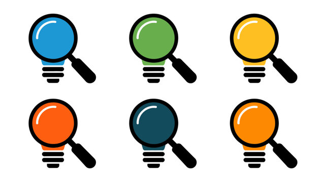 Six colorful icons blending lightbulbs with magnifying glasses, symbolizing innovative search, discovery, and insightful problem-solving.