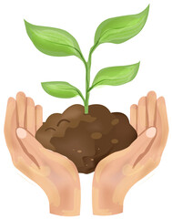 Watercolor Illustration of Hands Planting a Seedling, Earth Day recycling theme