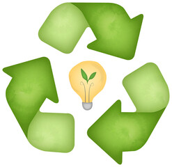 Watercolor Recycling Symbol with Light Bulb and Green Leaf, Earth Day recycling theme