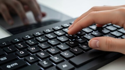 Close-up of a persons hands typing on a computer keyboard, working on a project.