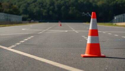 Test track for driving school featuring a marked area, emphasizing a traffic cone