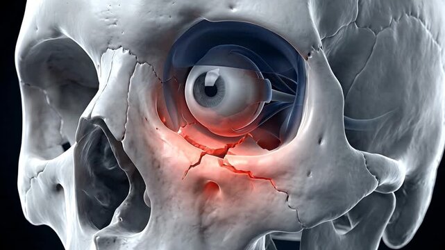 Close Up of a Human Skull Showing a Broken Orbit Bone With Red Glow Indicating Injury and an Intact Eyeball Behind the Fracture Detailed Anatomical