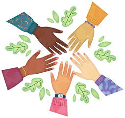 Diverse Hands Stacked Together Watercolor Illustration, Earth Day recycling theme